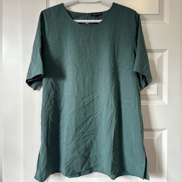 Eileen Fisher Teal Lightweight Short Sleeve Tencel Blouse Sz L - Picture 2 of 8